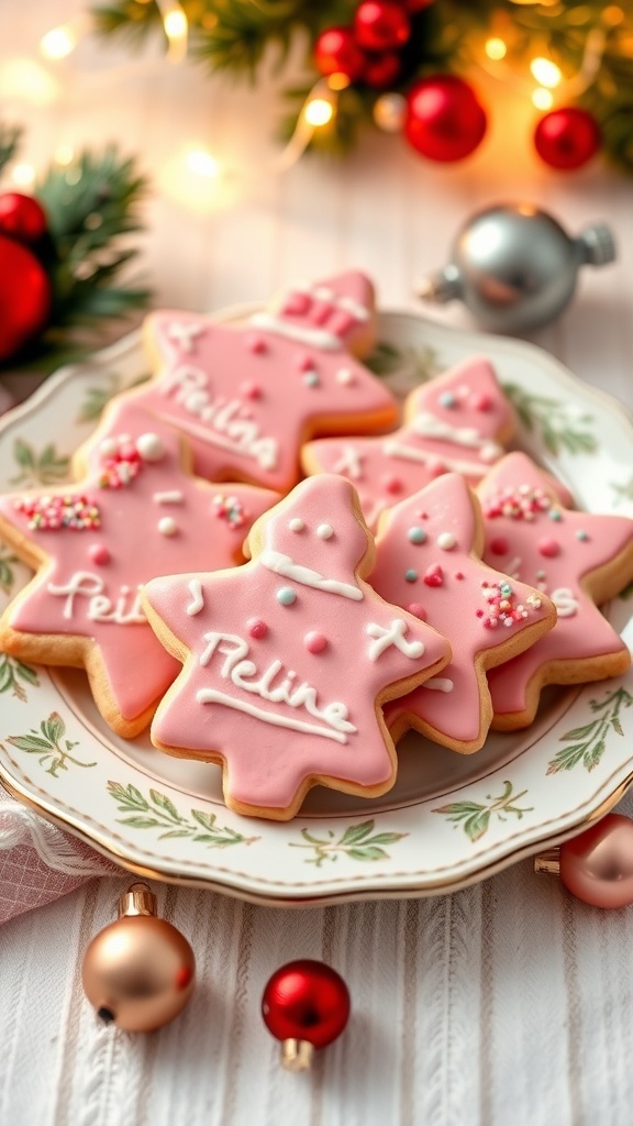 A festive plate of pink sugar cookies decorated for Christmas, surrounded by ornaments and lights.